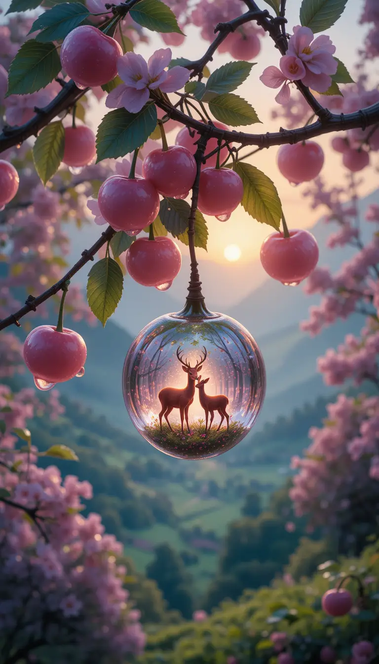 Translucent cherries reflecting a serene deer family at sunrise