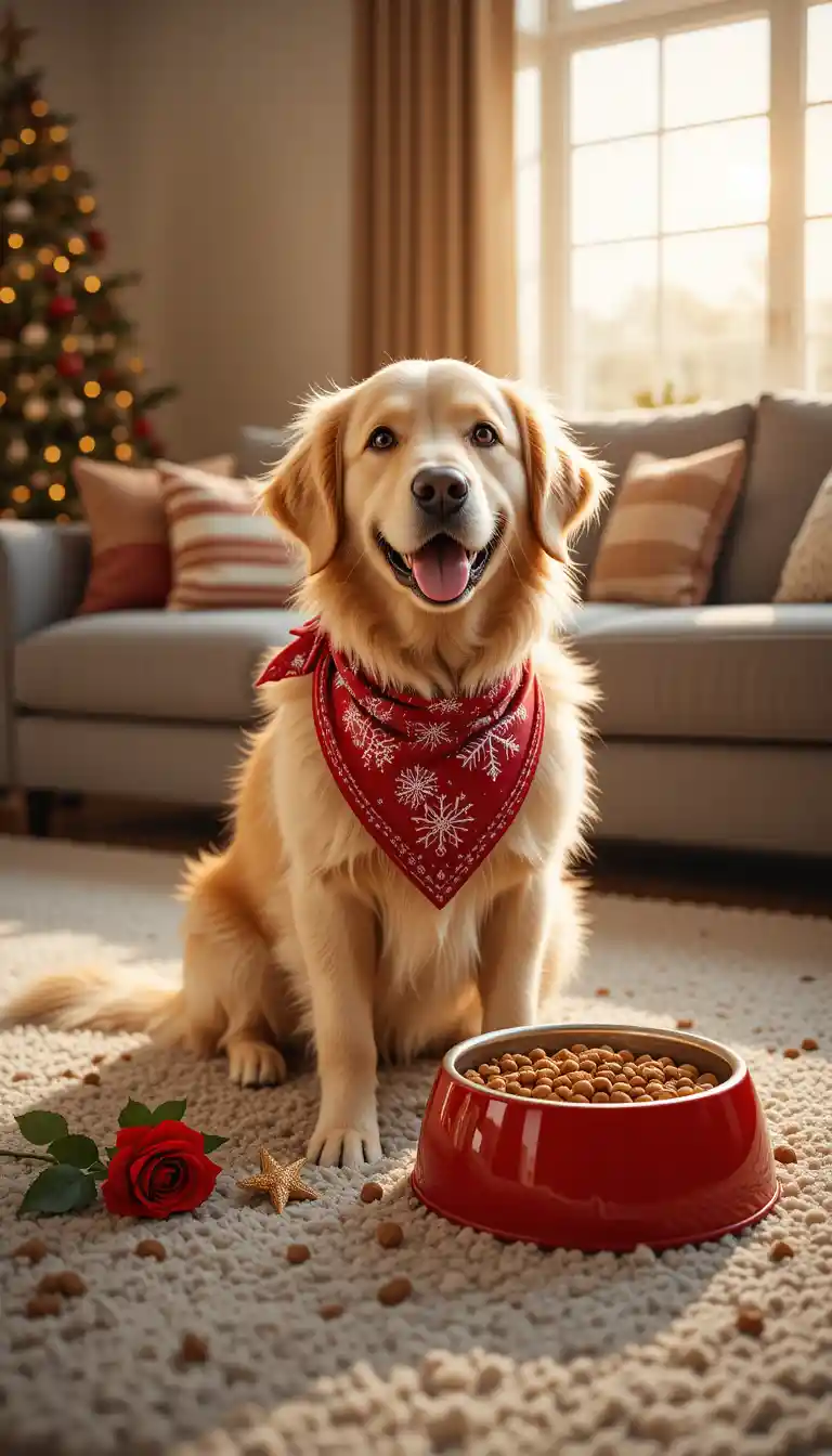 Golden retriever with heart bowl in cozy living room