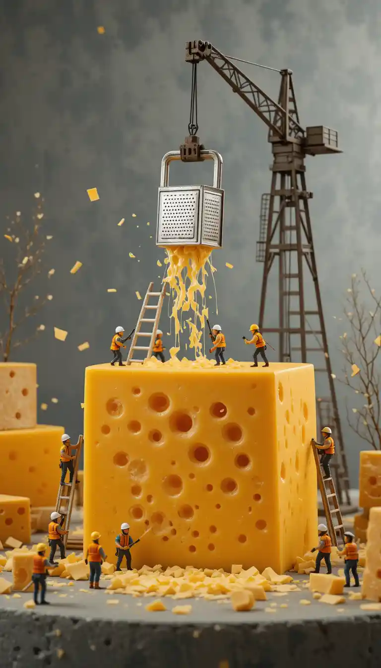 Miniature workers crafting a giant block of swiss cheese