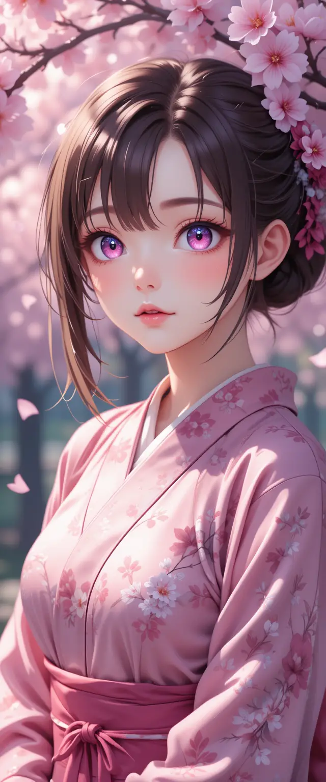 Full body anime girl under blooming cherry blossoms