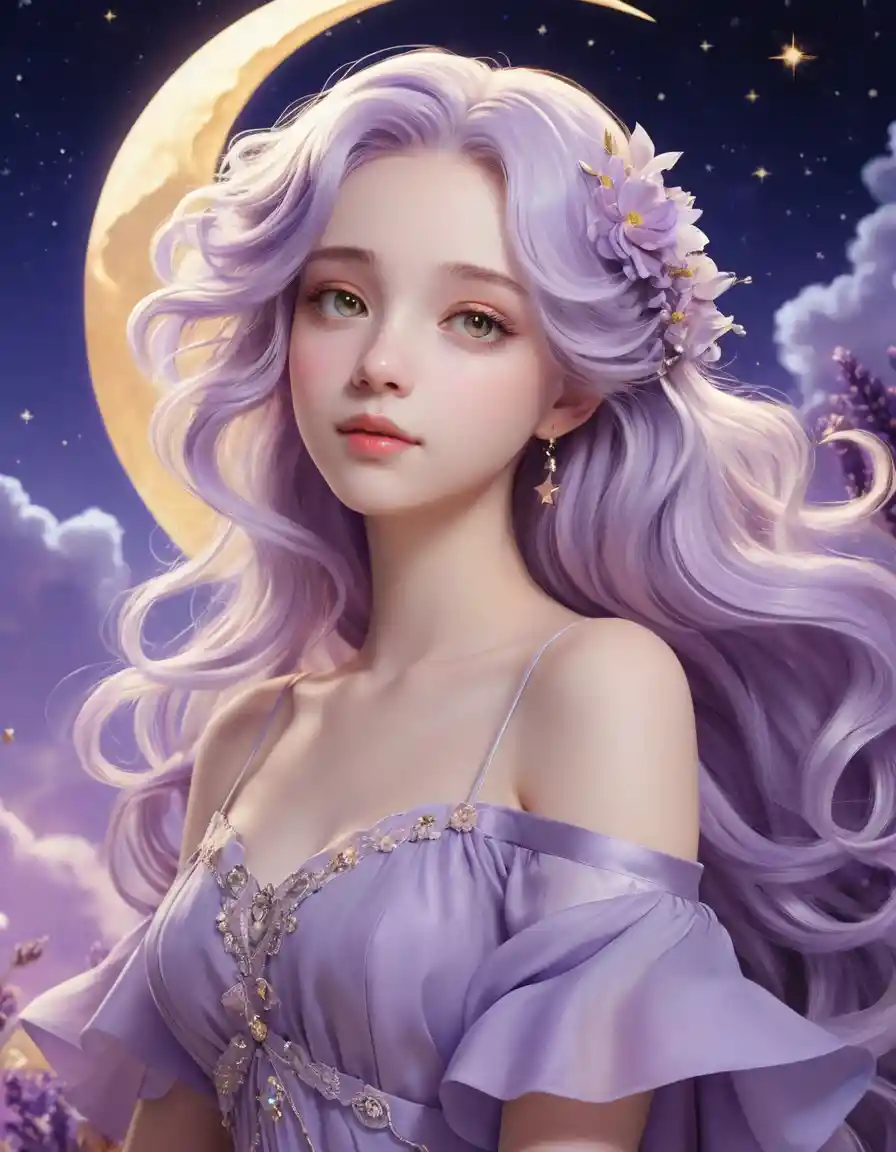 Anime girl with lavender hair in a cosmic night sky
