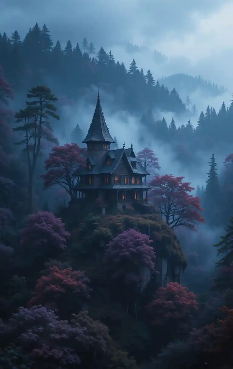 Lonely magical house on a hill in enchanted forest