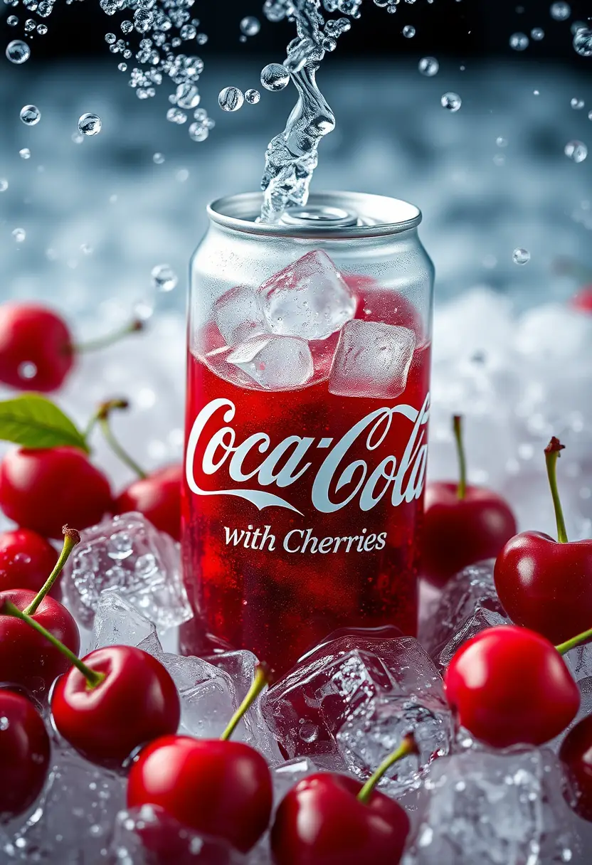 Transparent cola can with cherries splashing underwater