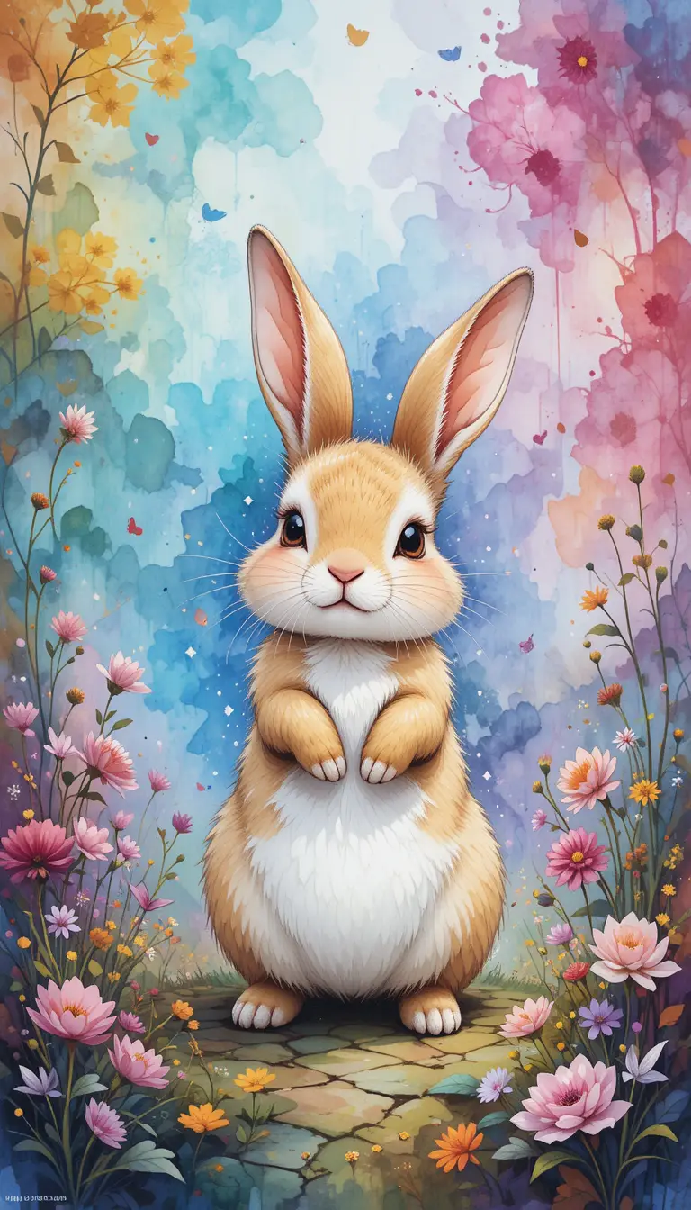 Dreamlike mixed media rabbit in pastel abstract scene