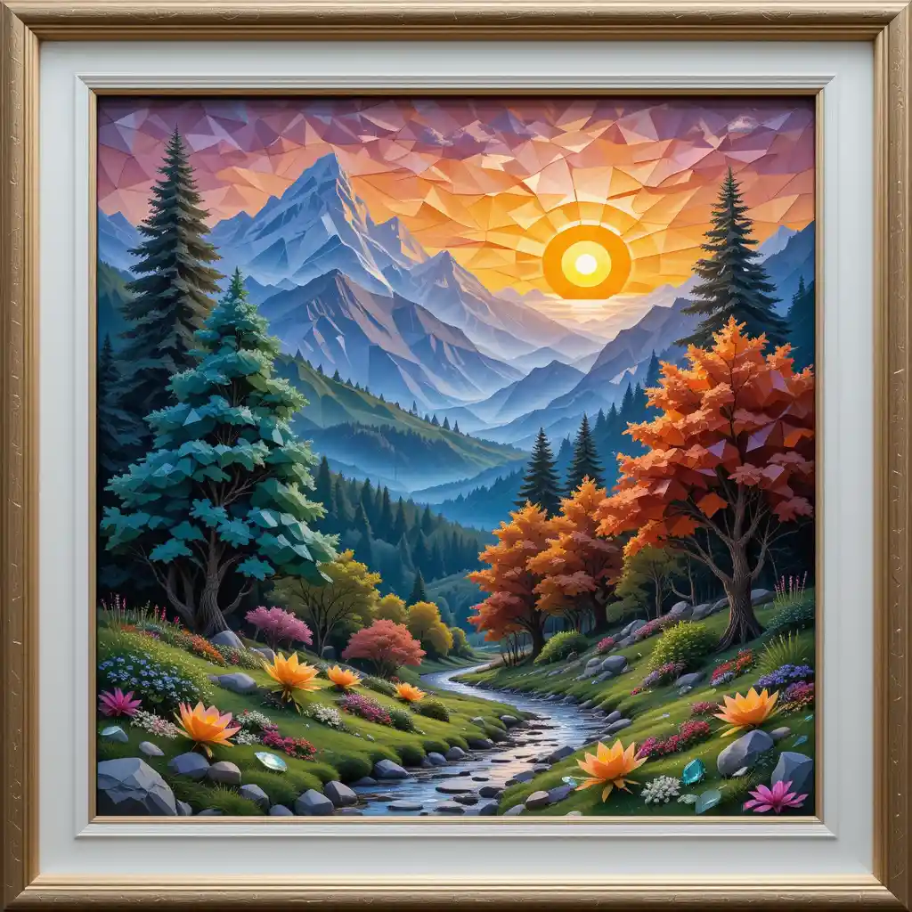 Geometric gemstone forest painting at sunset with trees