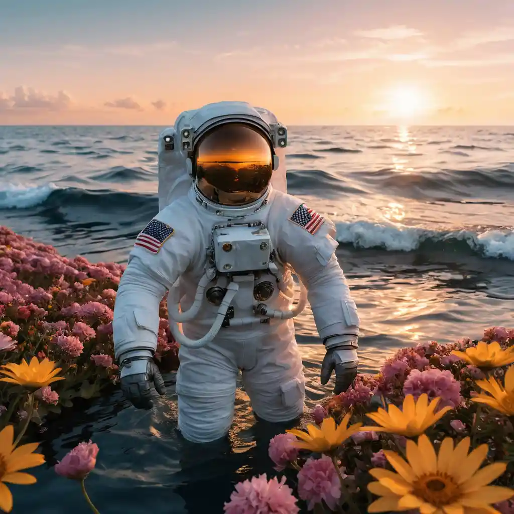 Astronaut floating in the ocean at colorful sunset