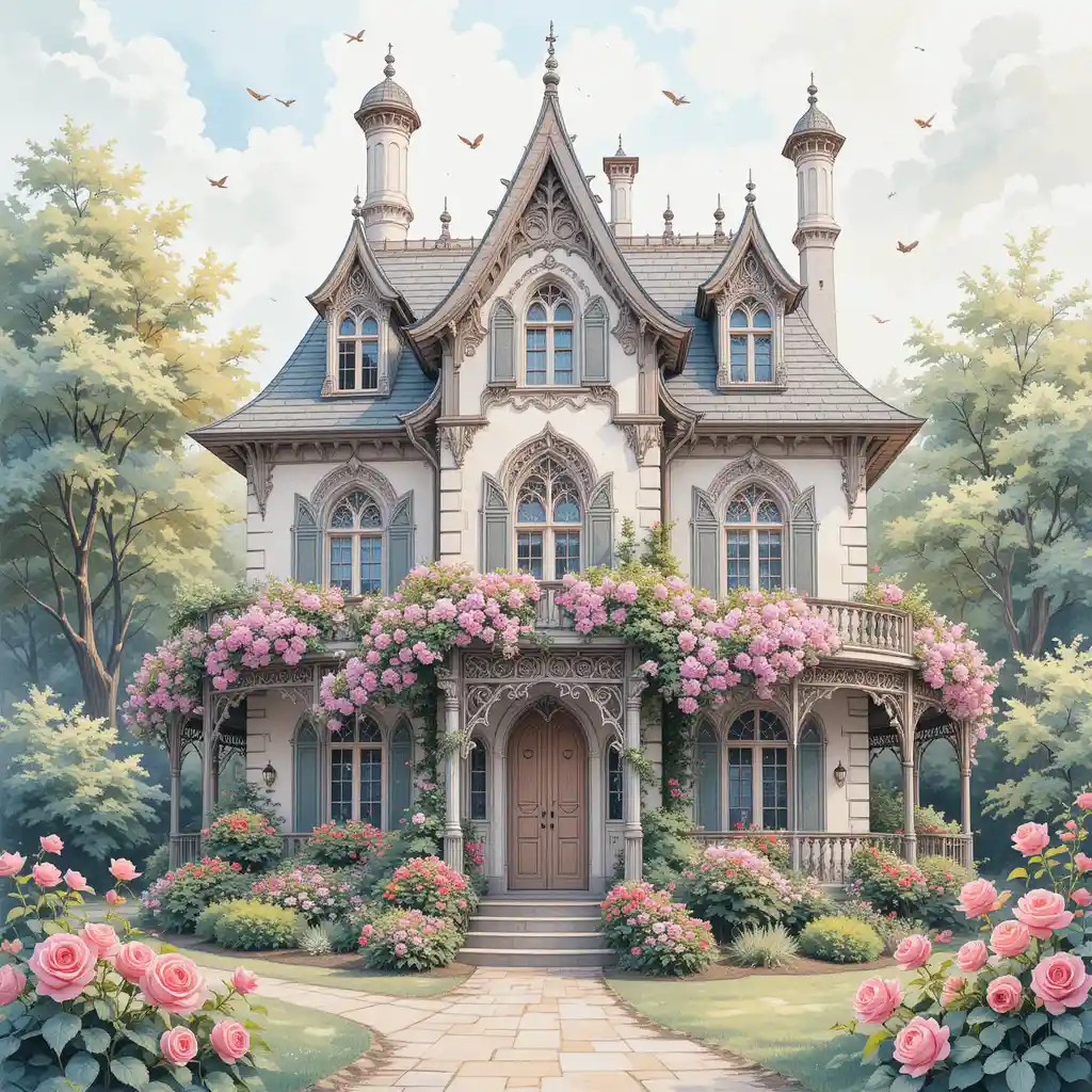 Fairytale house with roses in soft watercolor style