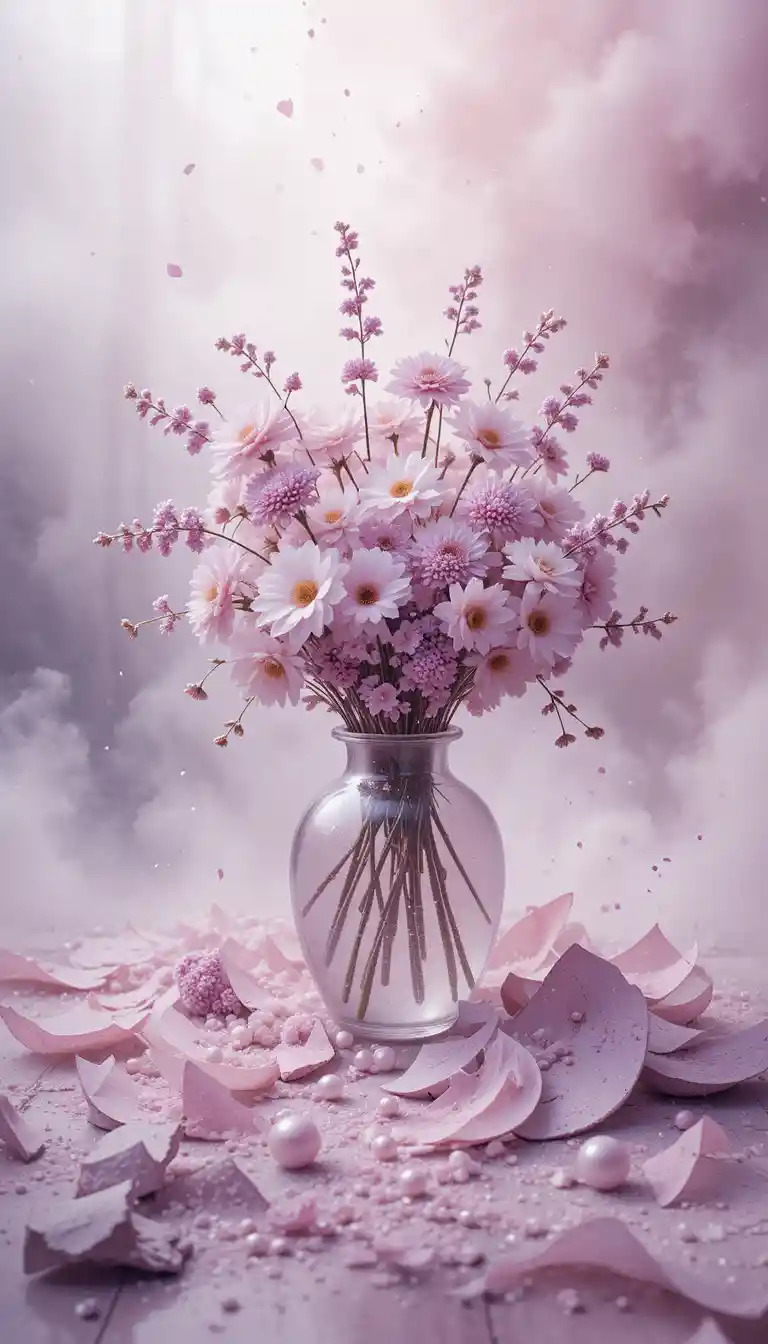 Broken watercolor vase with flowers in soft glowing fog
