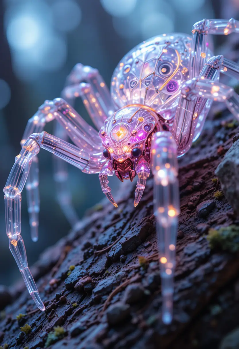 Neon cybernetic spider on tree in luminous close up