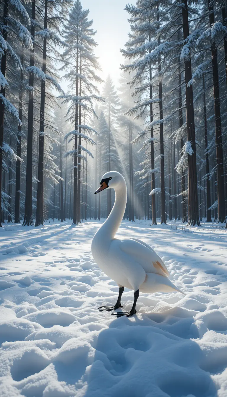 Whooper swan standing alone in a snowy finnish forest