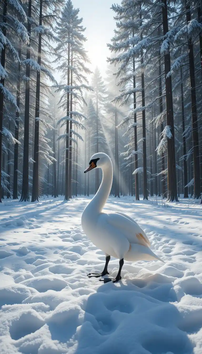 Singschwan steht allein in einem verschneiten finnischen Wald