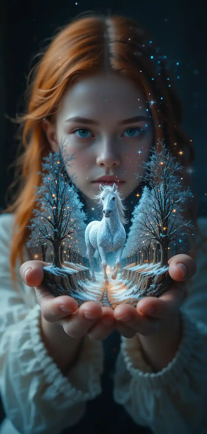 Double exposure portrait of a witch girl holding a tiny world