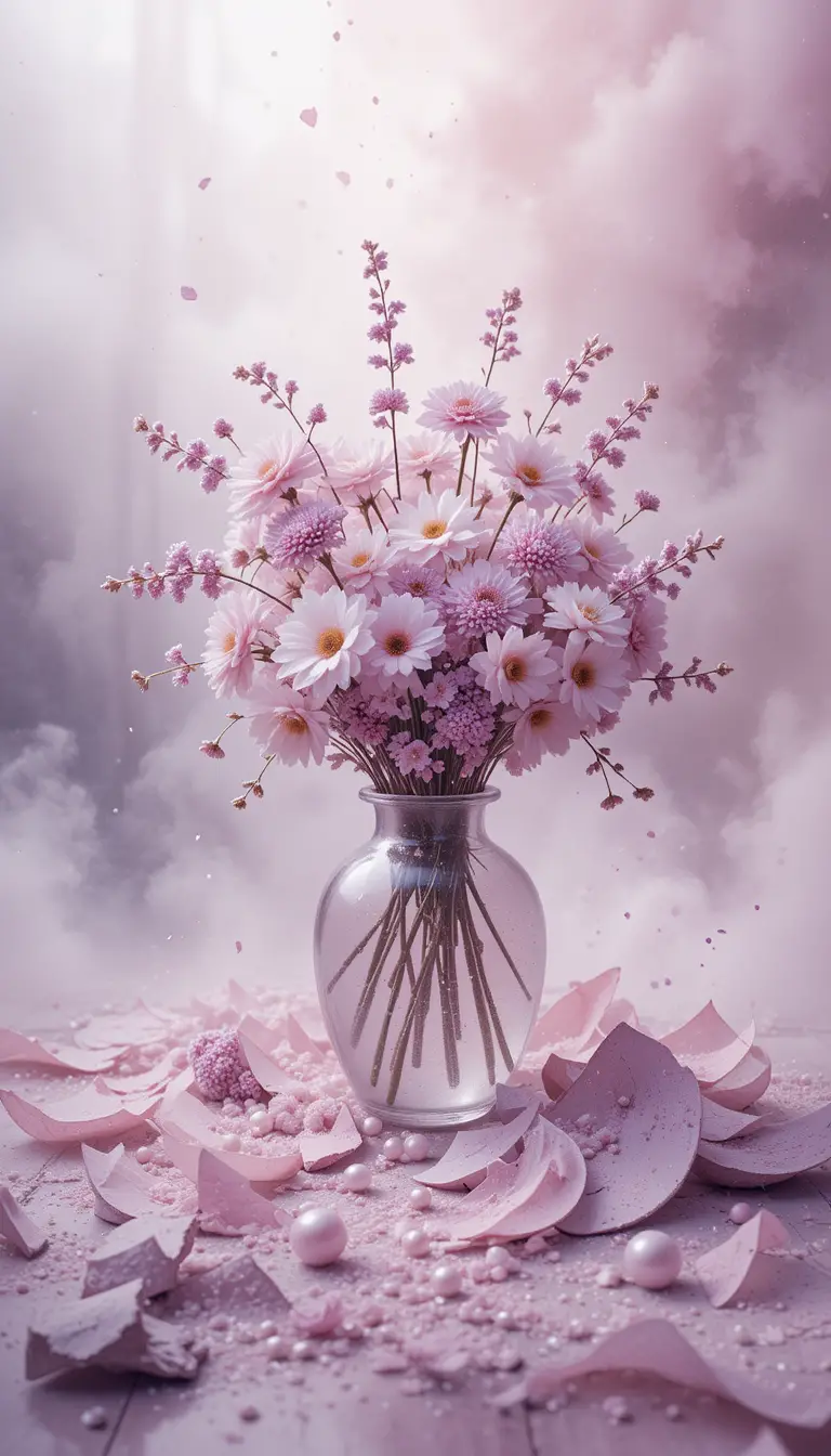 Broken watercolor vase with flowers in soft glowing fog