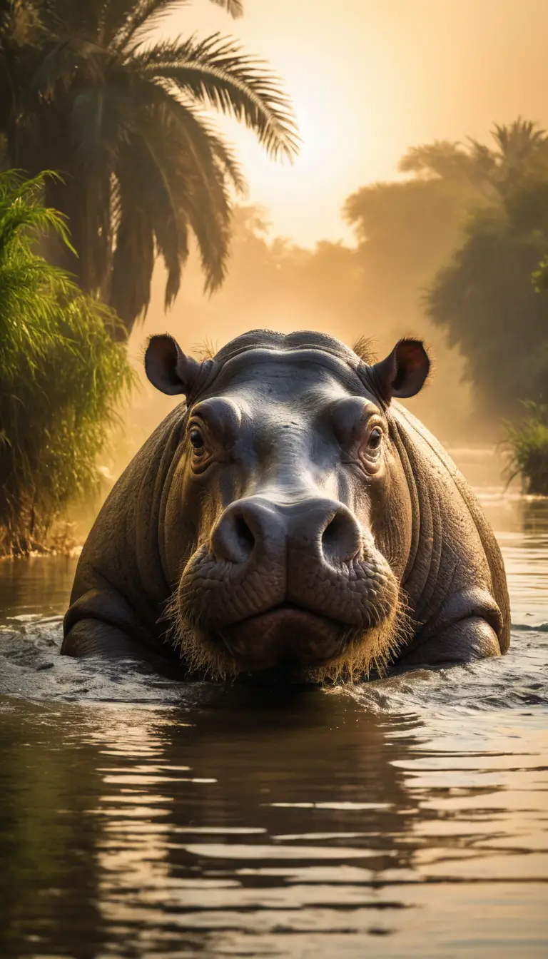 Massive Hippopotamus In Golden Nile River At Sunset