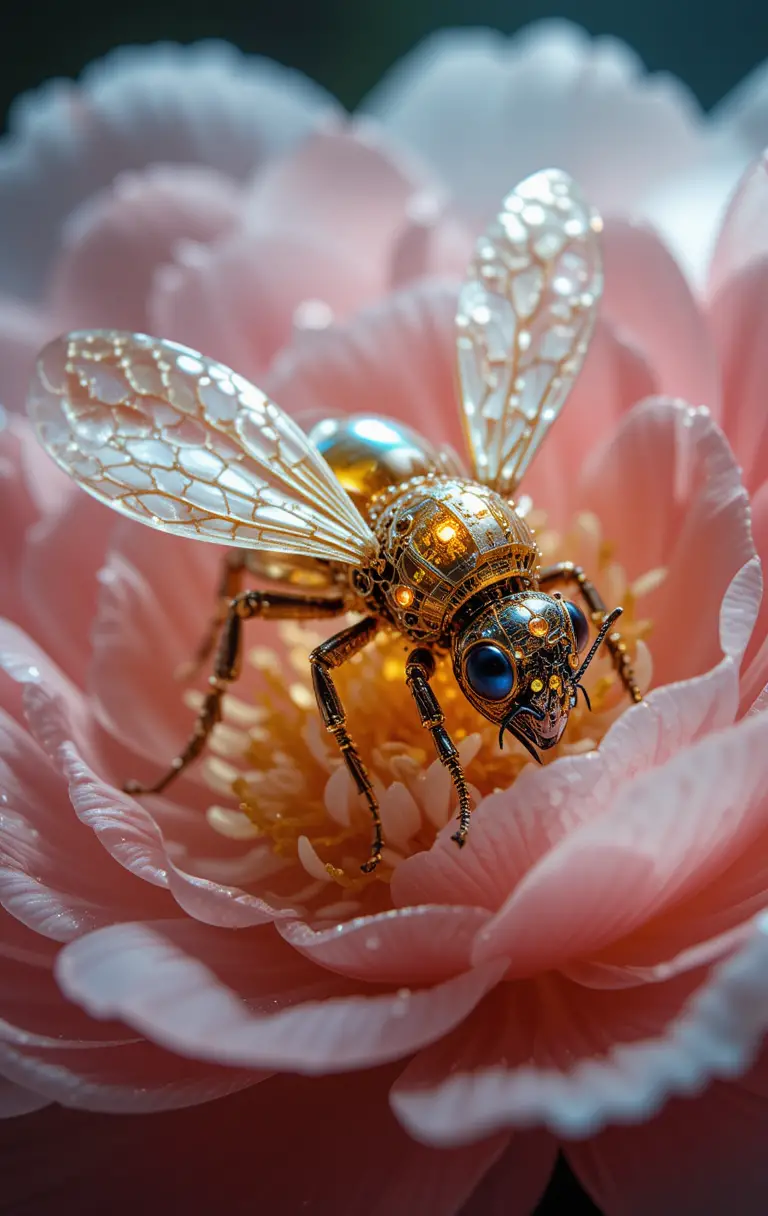 Close up 3D bee on flower with glowing lights