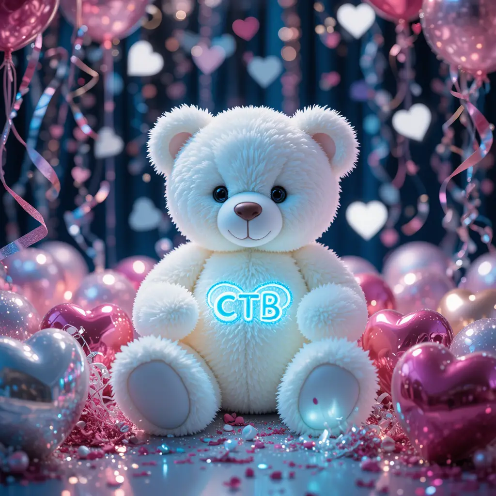 White teddy bear with ctb letters in sparkling hearts