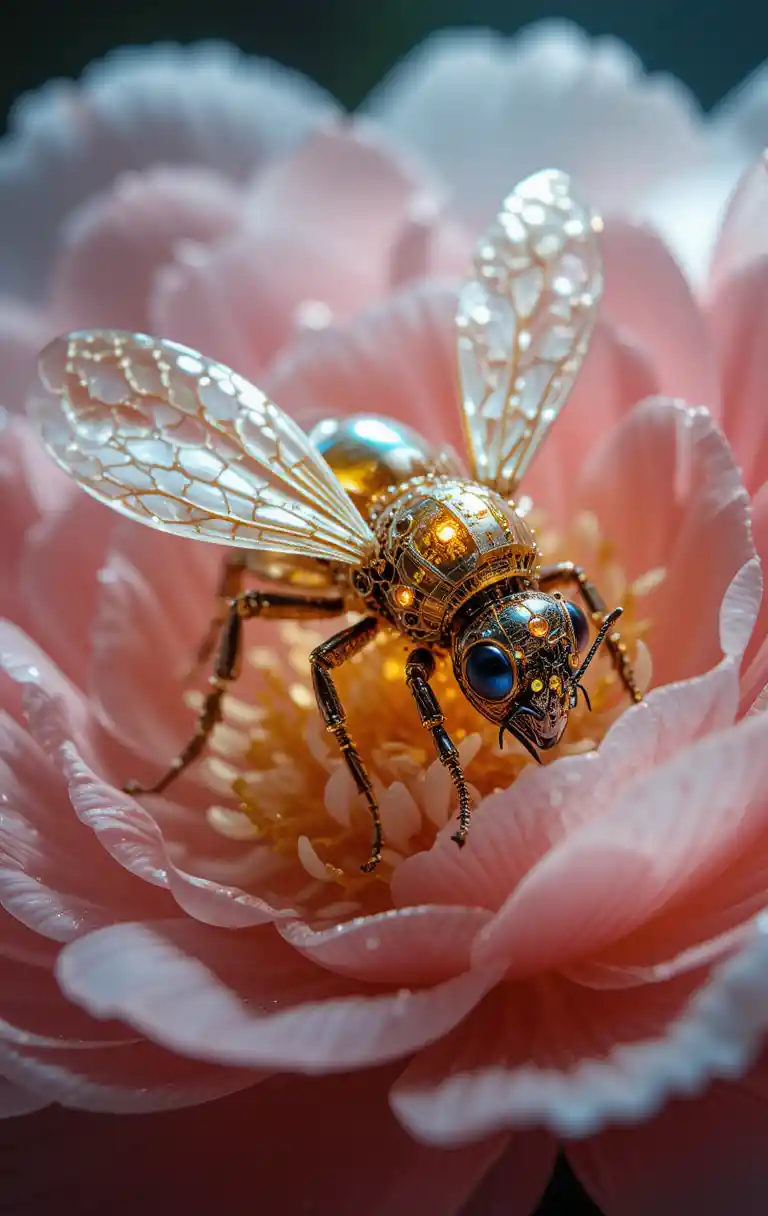 Close up 3D bee on flower with glowing lights