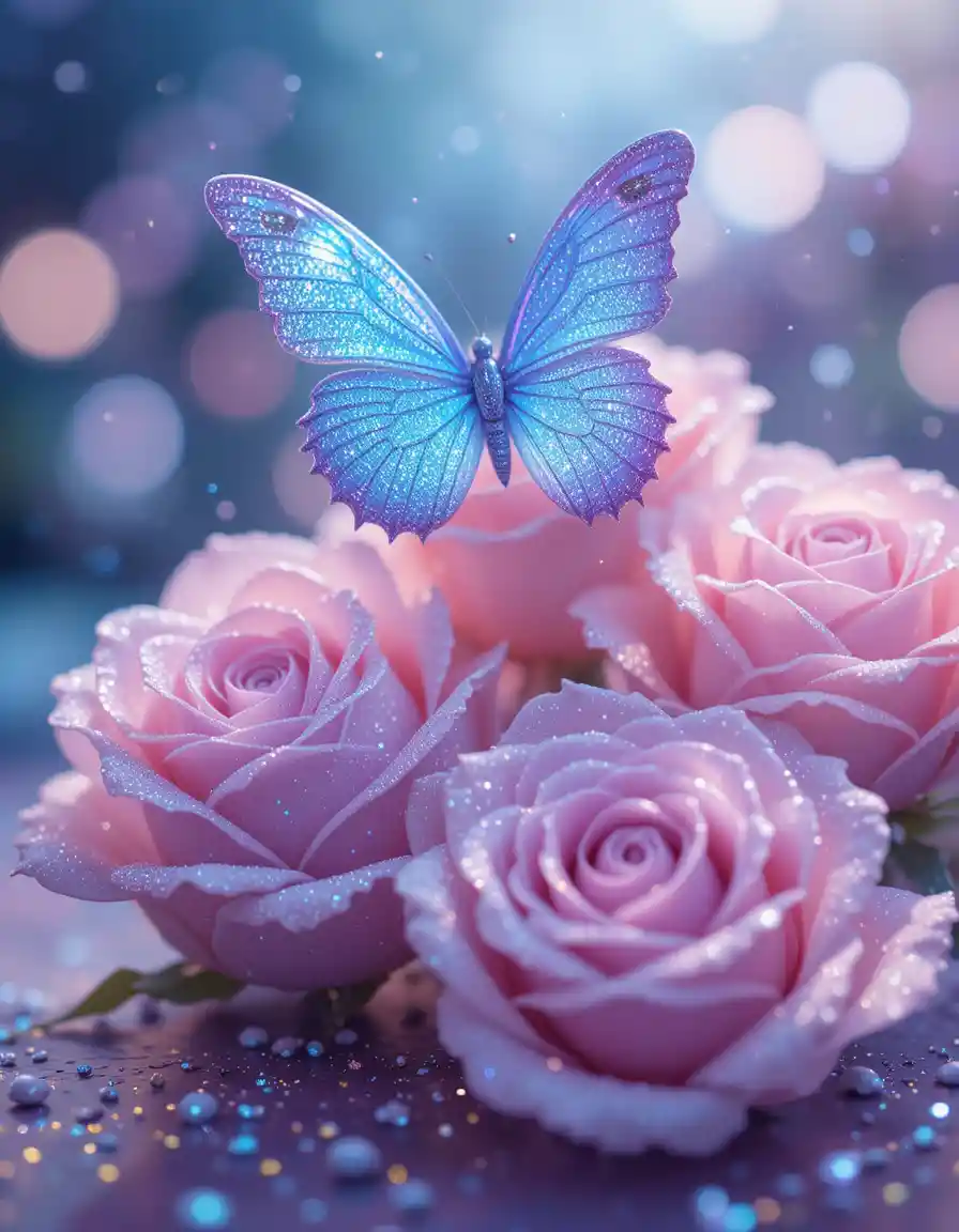 Sparkling Roses With Blue Butterfly In Soft Pastel Glow