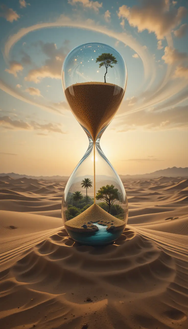 Surreal crystal hourglass floating above a desert oasis