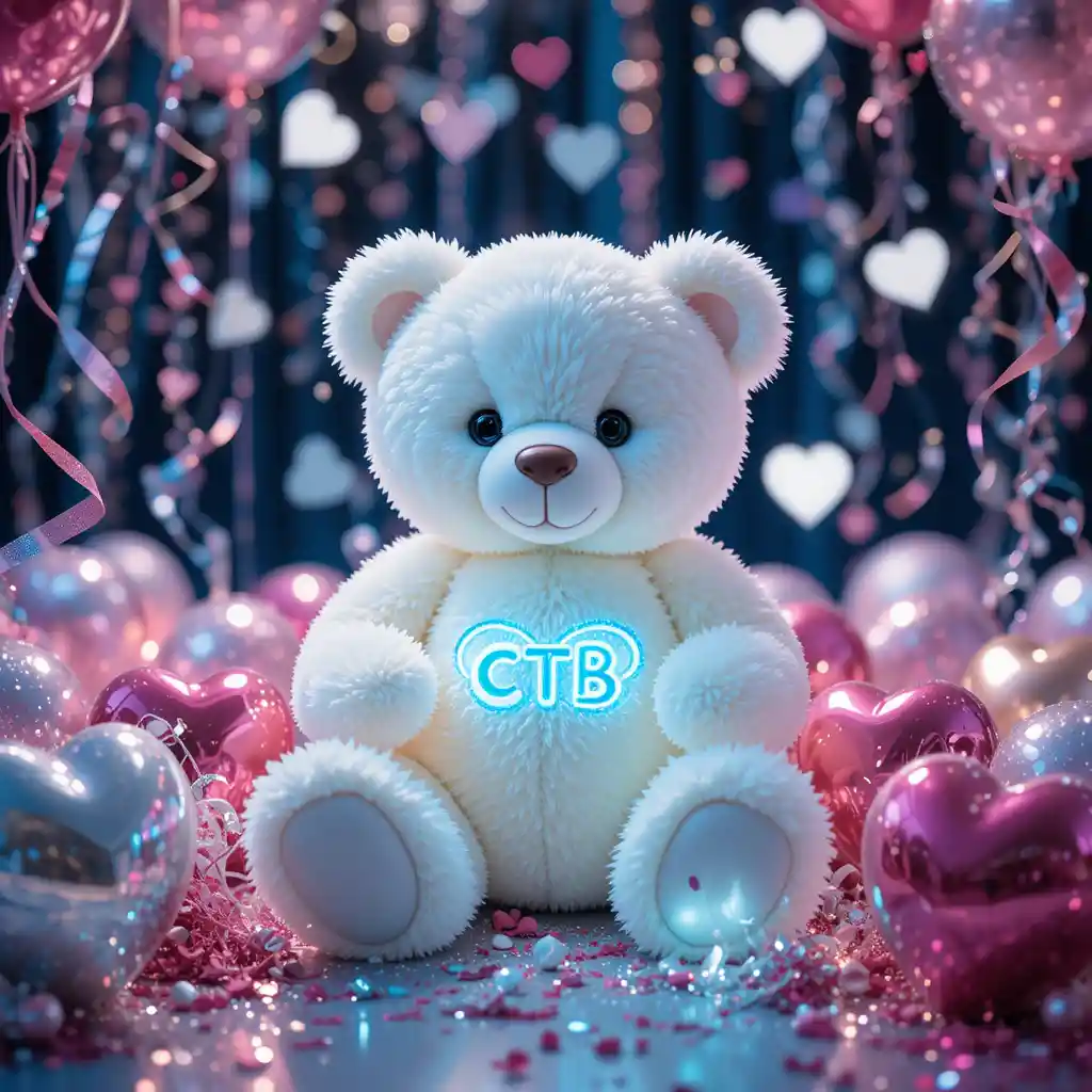 White teddy bear with ctb letters in sparkling hearts