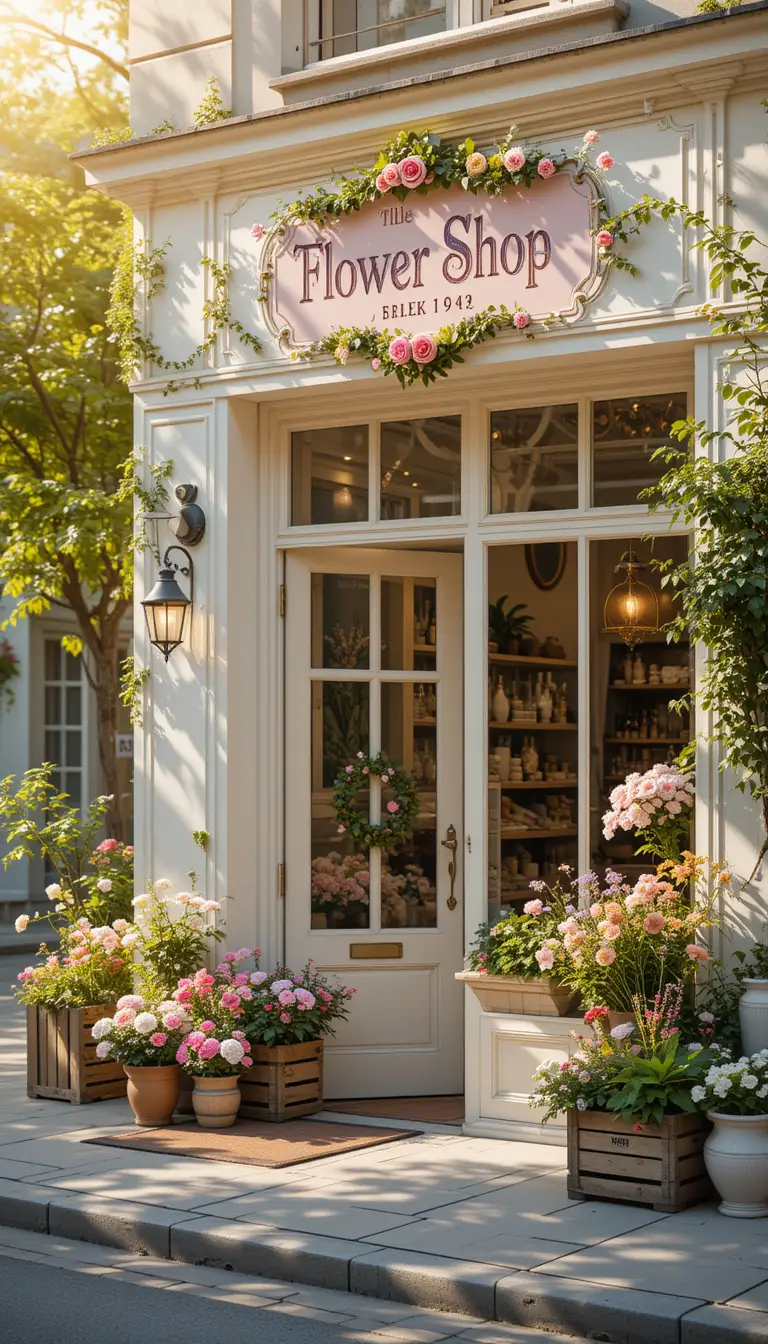Elegant flower shop on a sunlit pastel city street