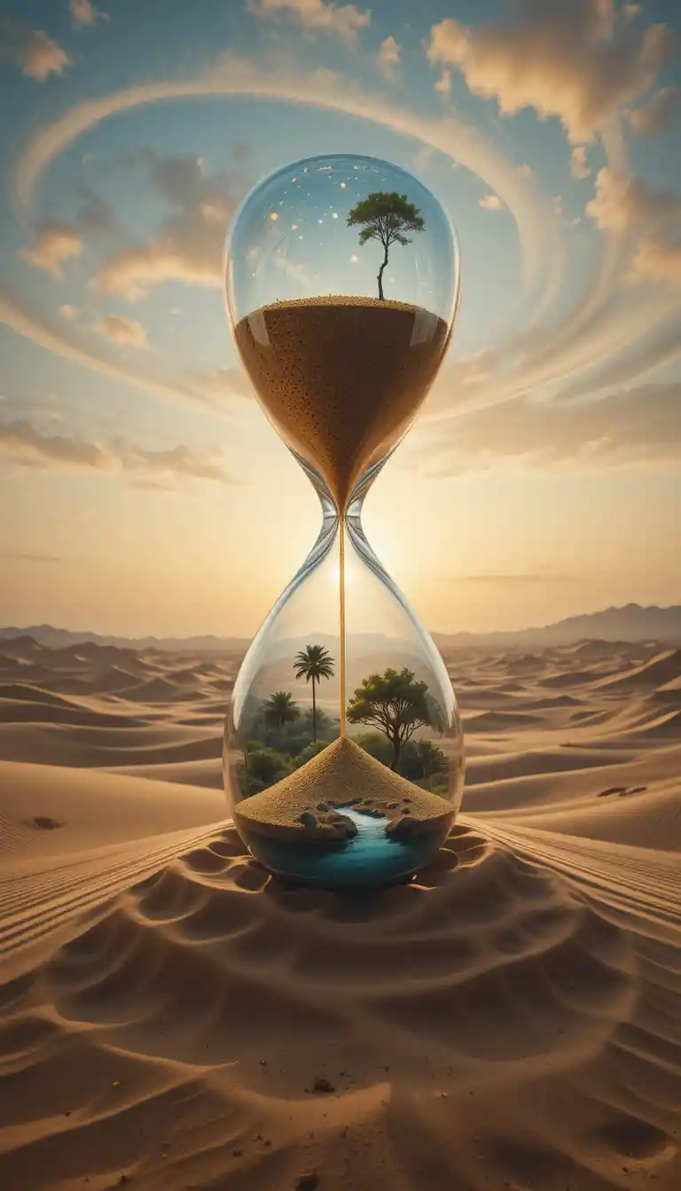 Surreal crystal hourglass floating above a desert oasis