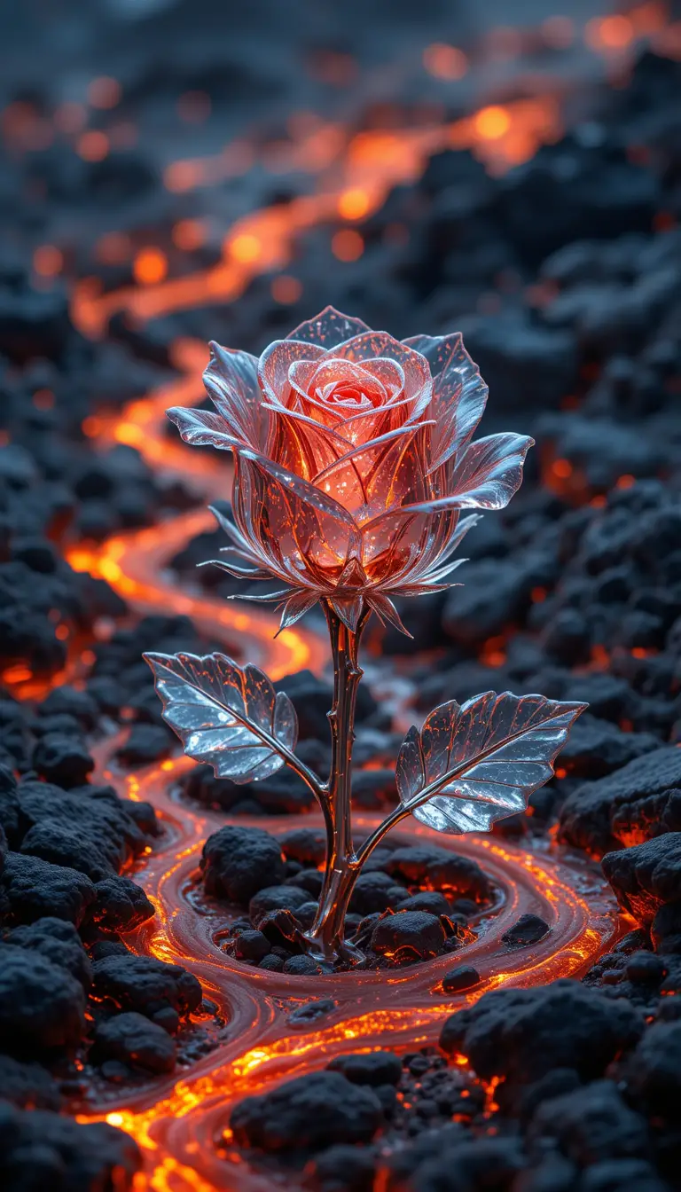 Glass rose blooming amid molten lava and fiery magma