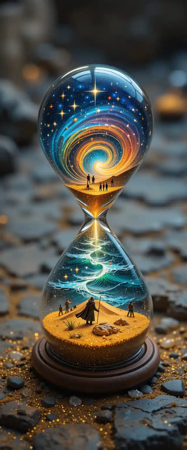Double exposure hourglass on stone with glowing sand