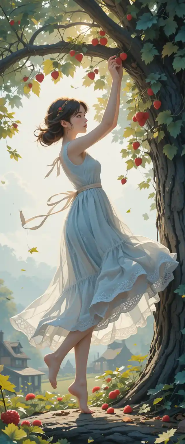 Girl picking raspberries beneath an old forest tree