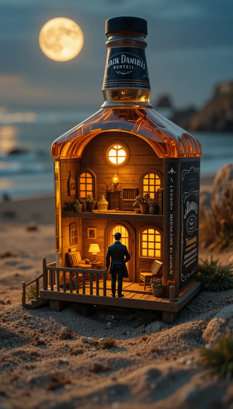 Cozy bottle house glowing by the moonlit sea