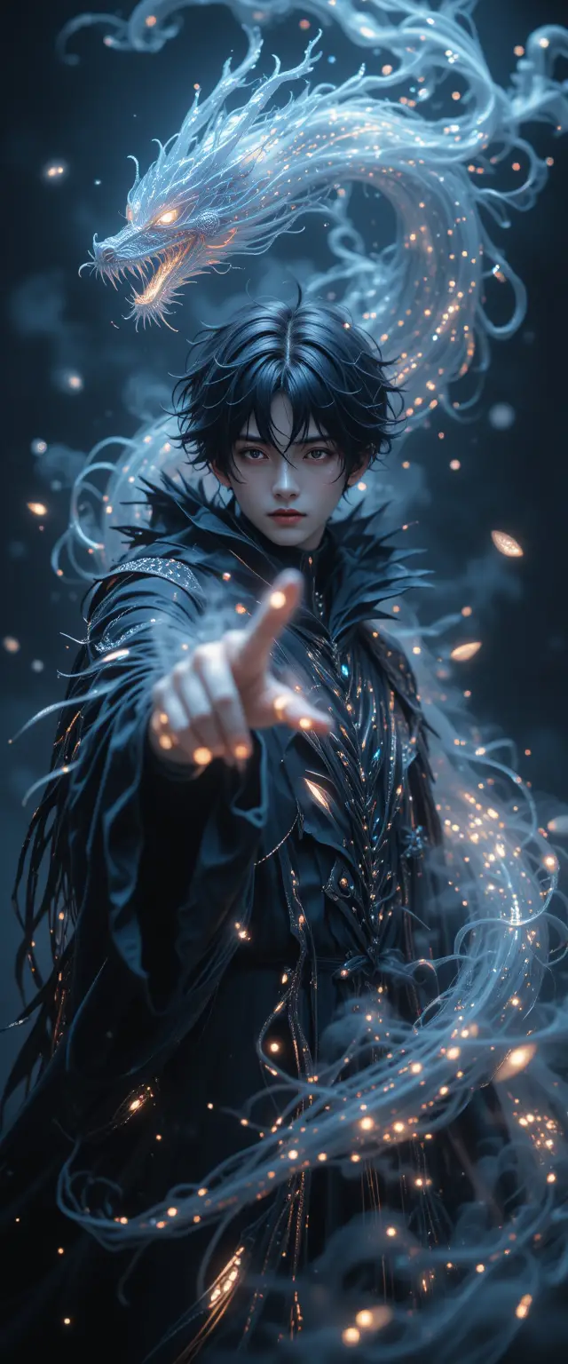 Anime boy in black feather robe with glowing mist dragon