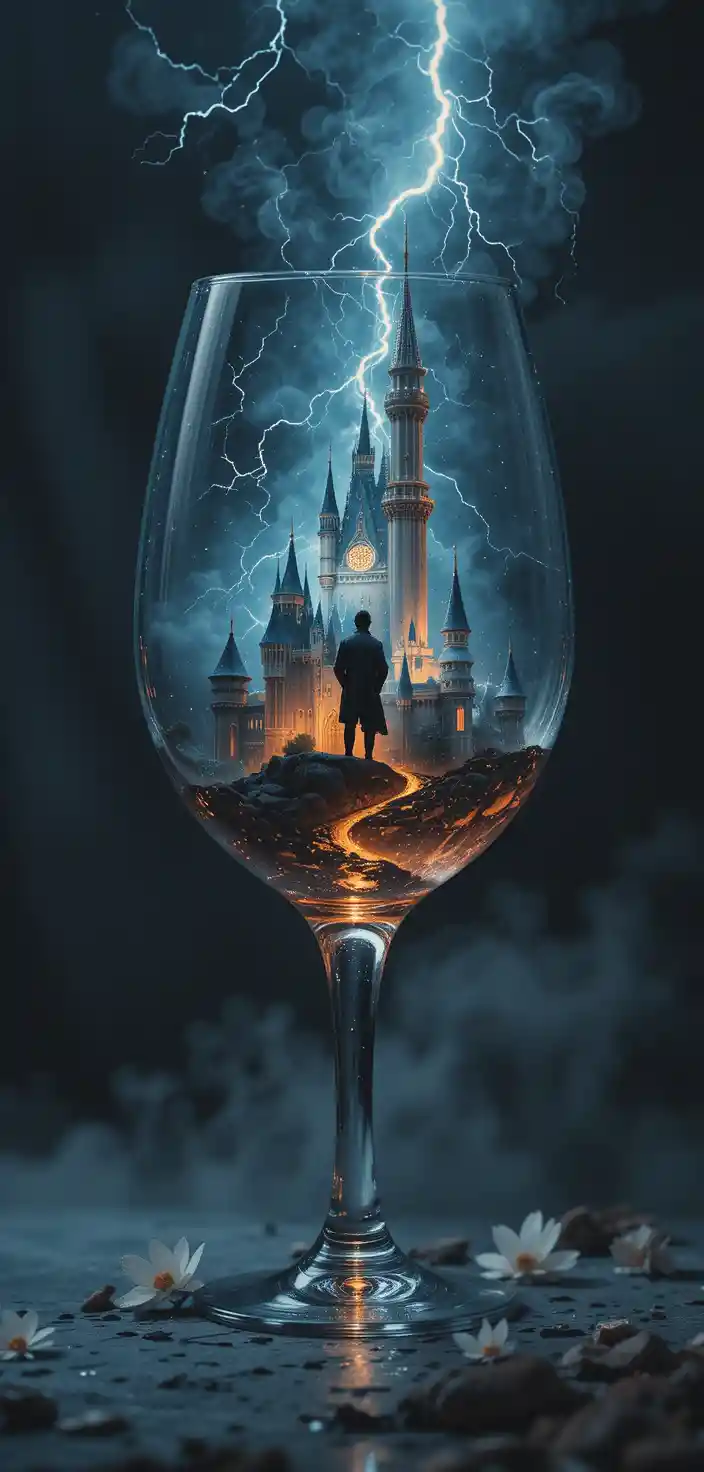 Double exposure figure poster in a wine glass