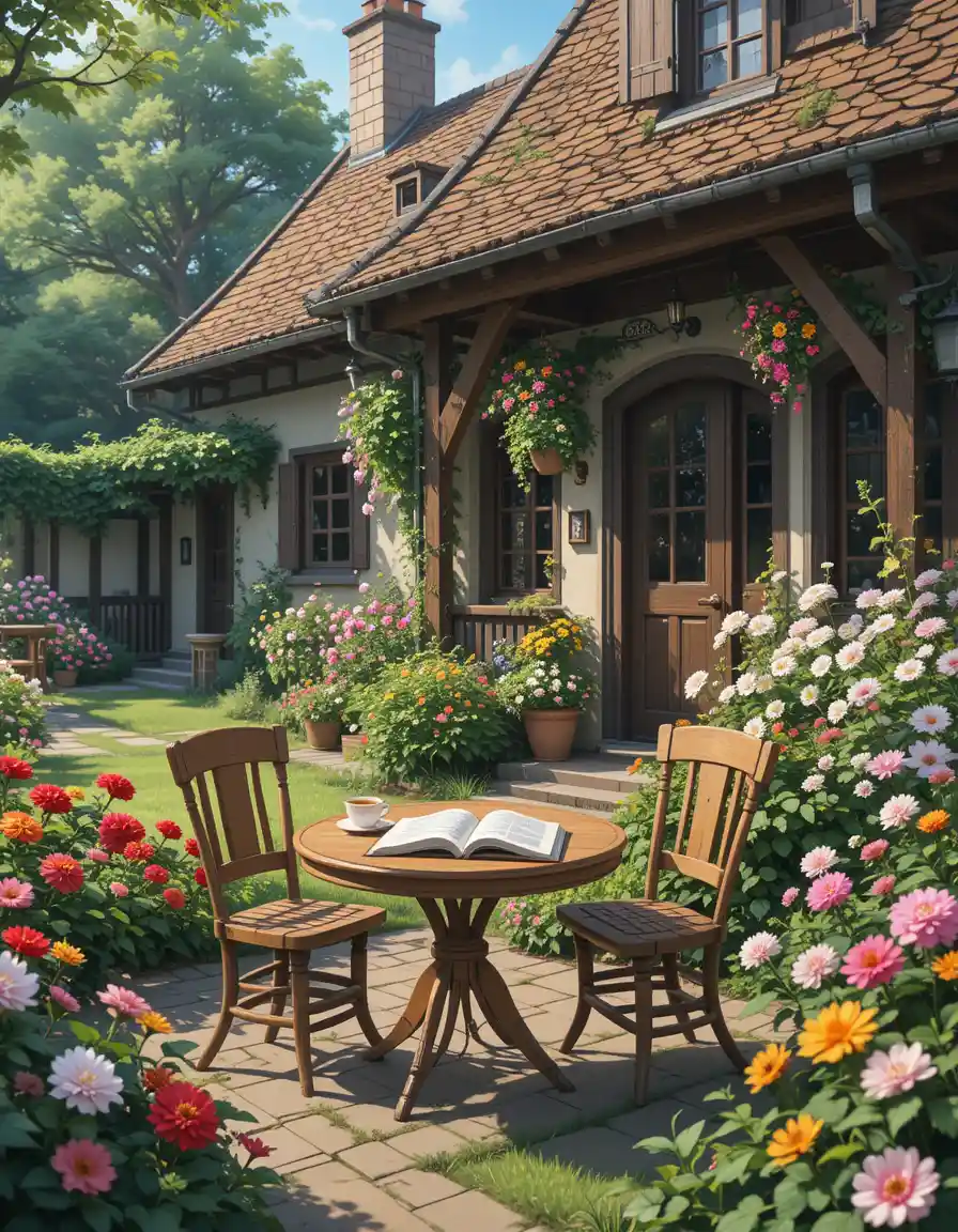 Cozy country house terrace with book and coffee