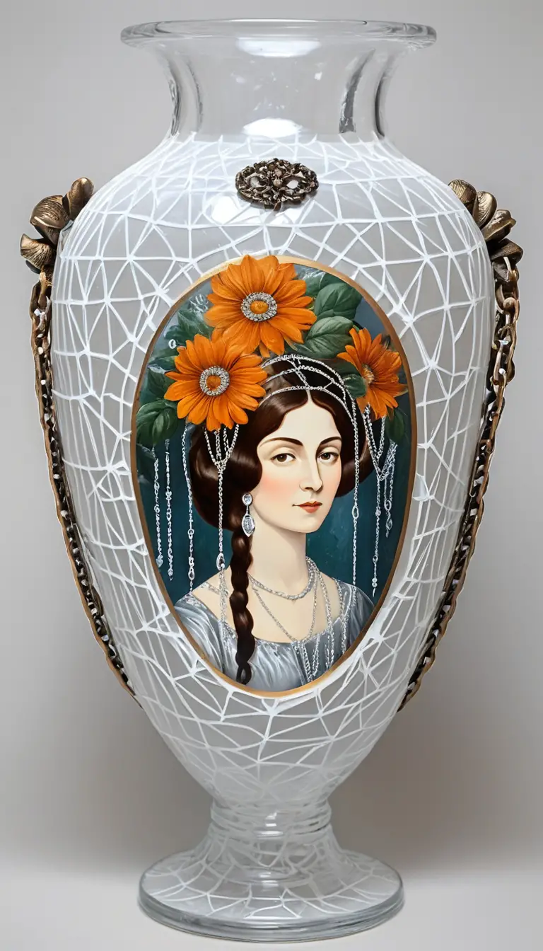 Flat illustration on enamel vase with chained women