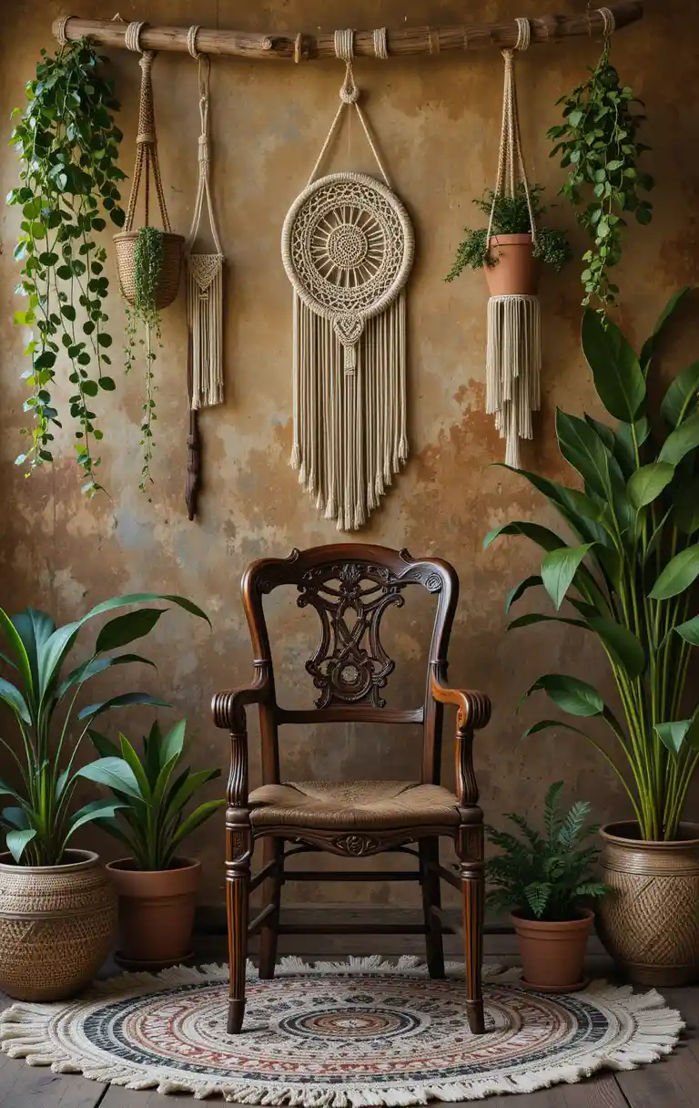 Rustic bohemian photo studio with wooden chair and plants
