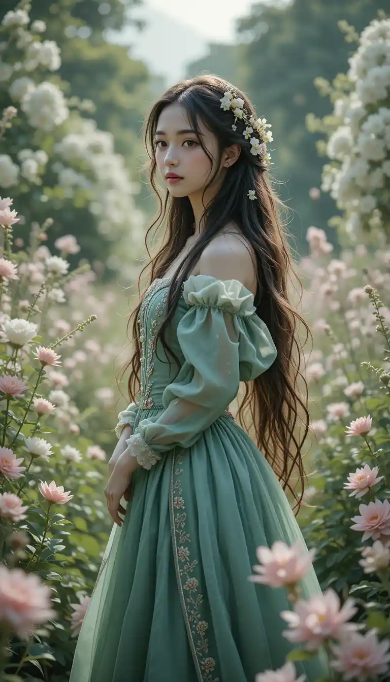 Young woman in green dress in royal flower garden
