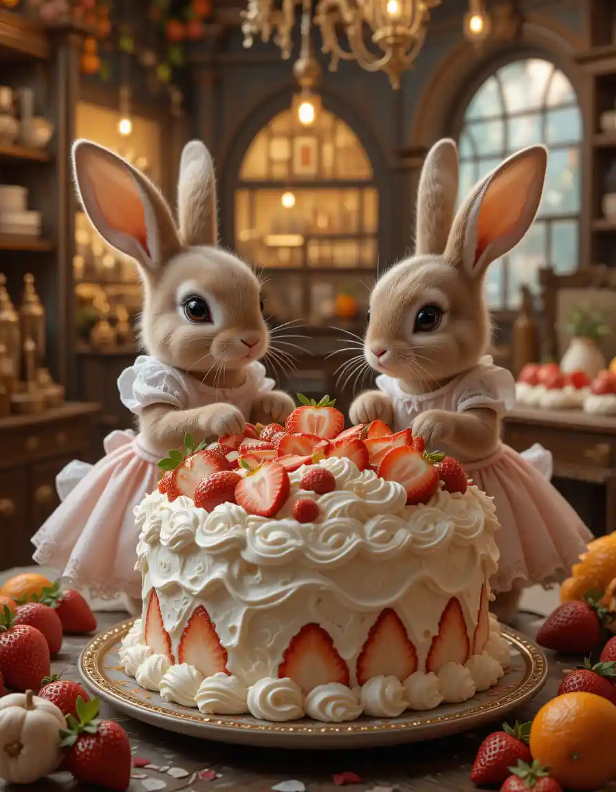 Cute toddler rabbits decorating a strawberry cake