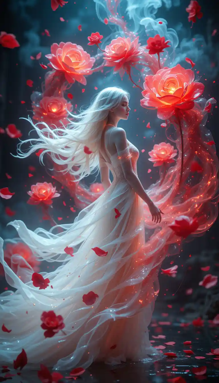Ethereal woman in glowing red rose flames at night