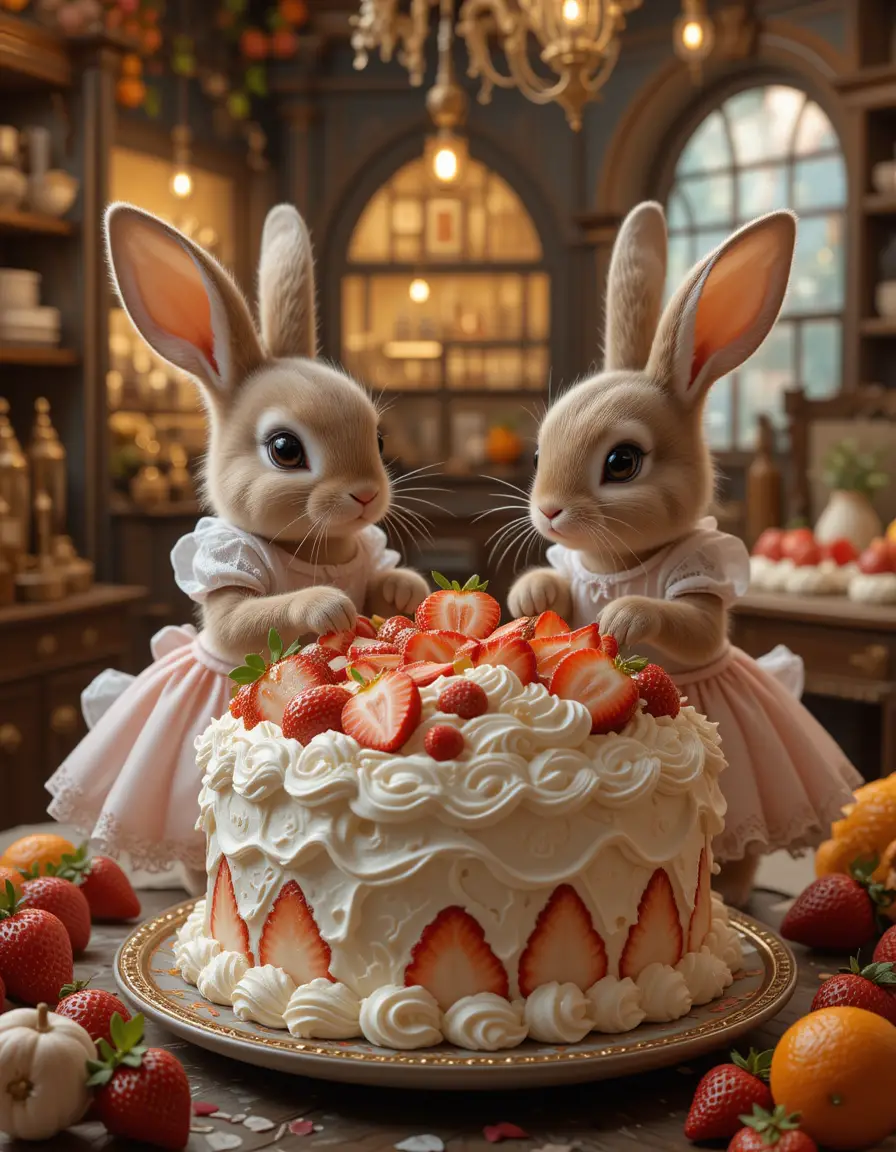 Cute toddler rabbits decorating a strawberry cake