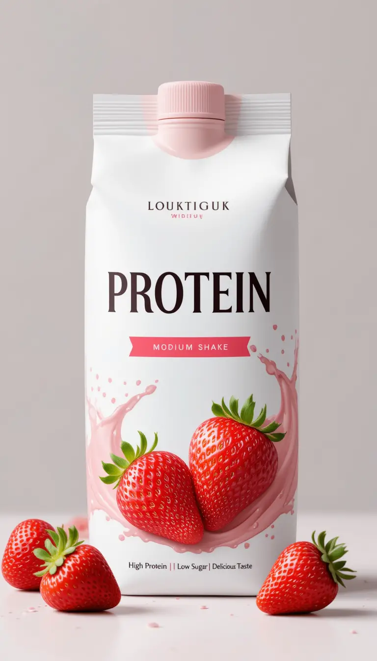 Minimalist strawberry protein shake doy pack label design