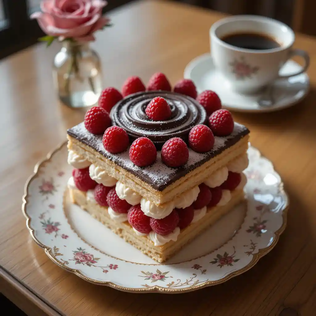 Layered Raspberry Dessert On Vintage Plate With Coffee