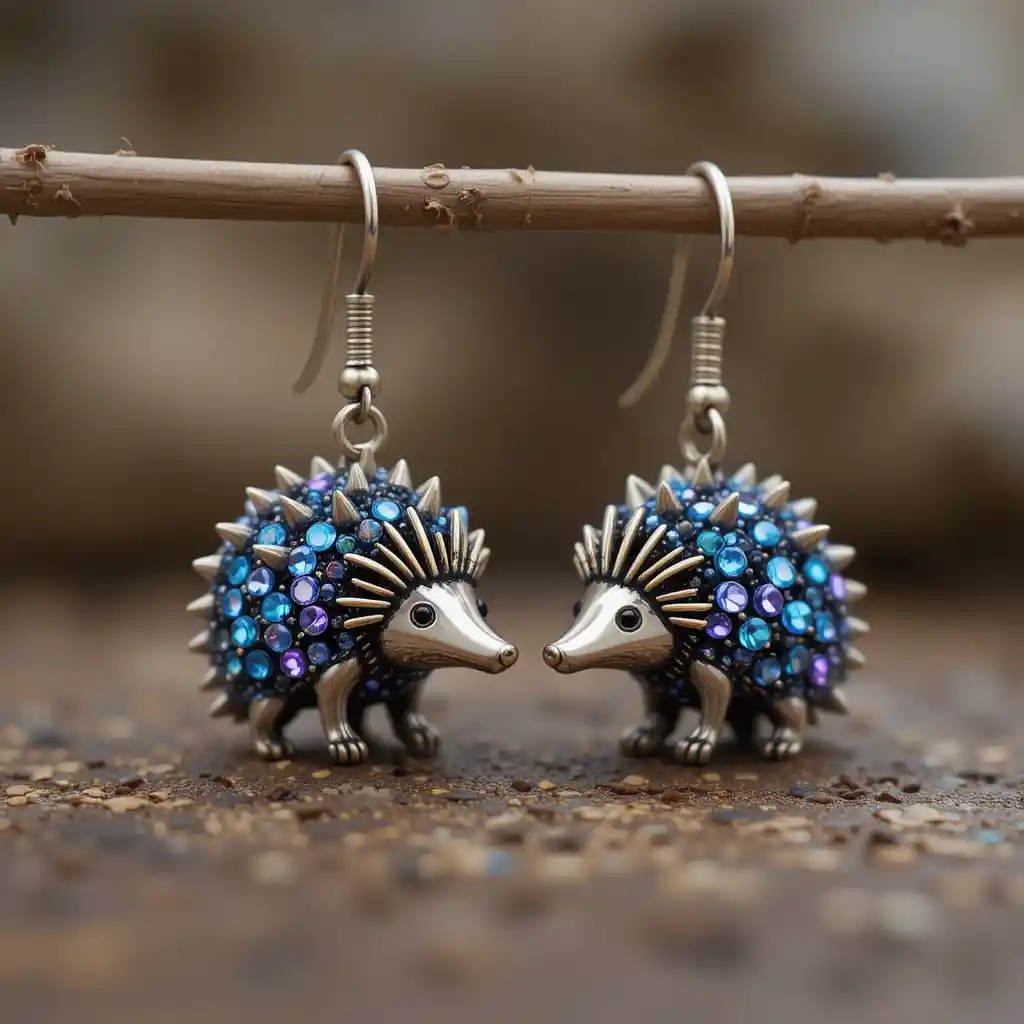 Metall-Igel-Ohrringe mit blauen und violetten Kristallen