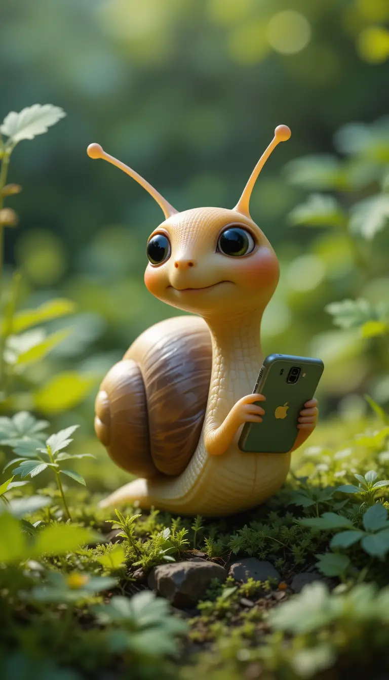 Cute cgi snail using a smartphone in lush greenery