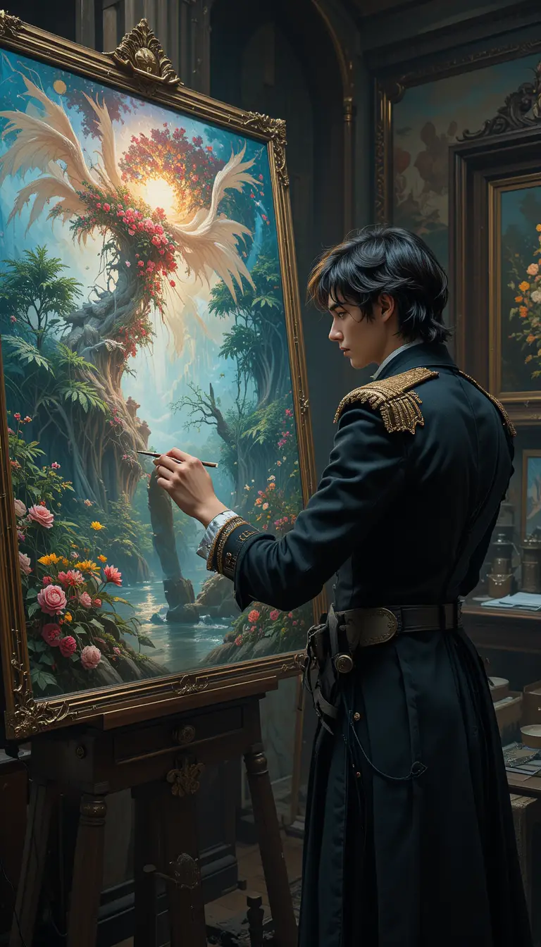 Byronic artist painting in a Victorian fantasy studio