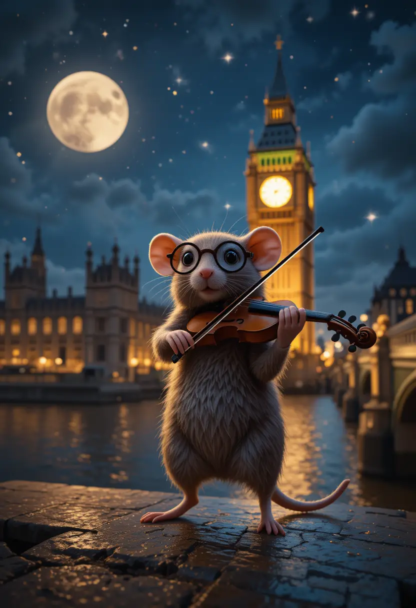 Mouse Playing Violin On Tower Bridge At Night