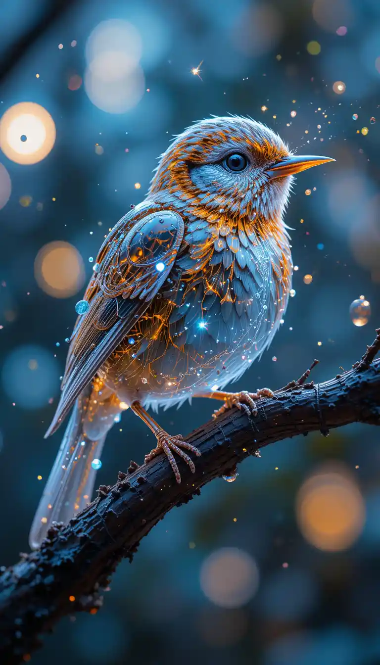 Neon cybernetic titmouse glowing on a forest tree