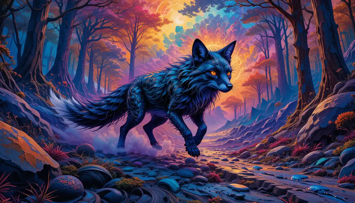Melanistic fox racing through a radiant alien forest