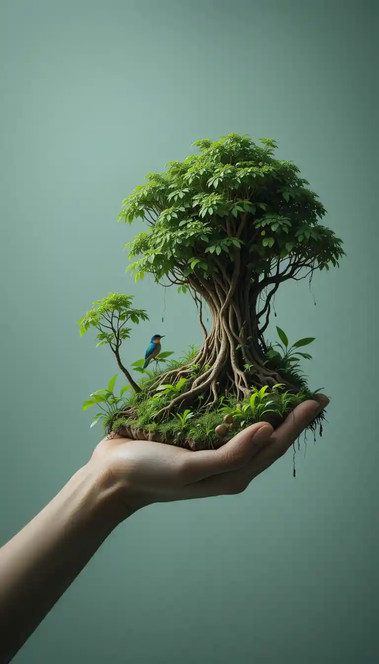 Tiny floating forest world cradled in divine hands