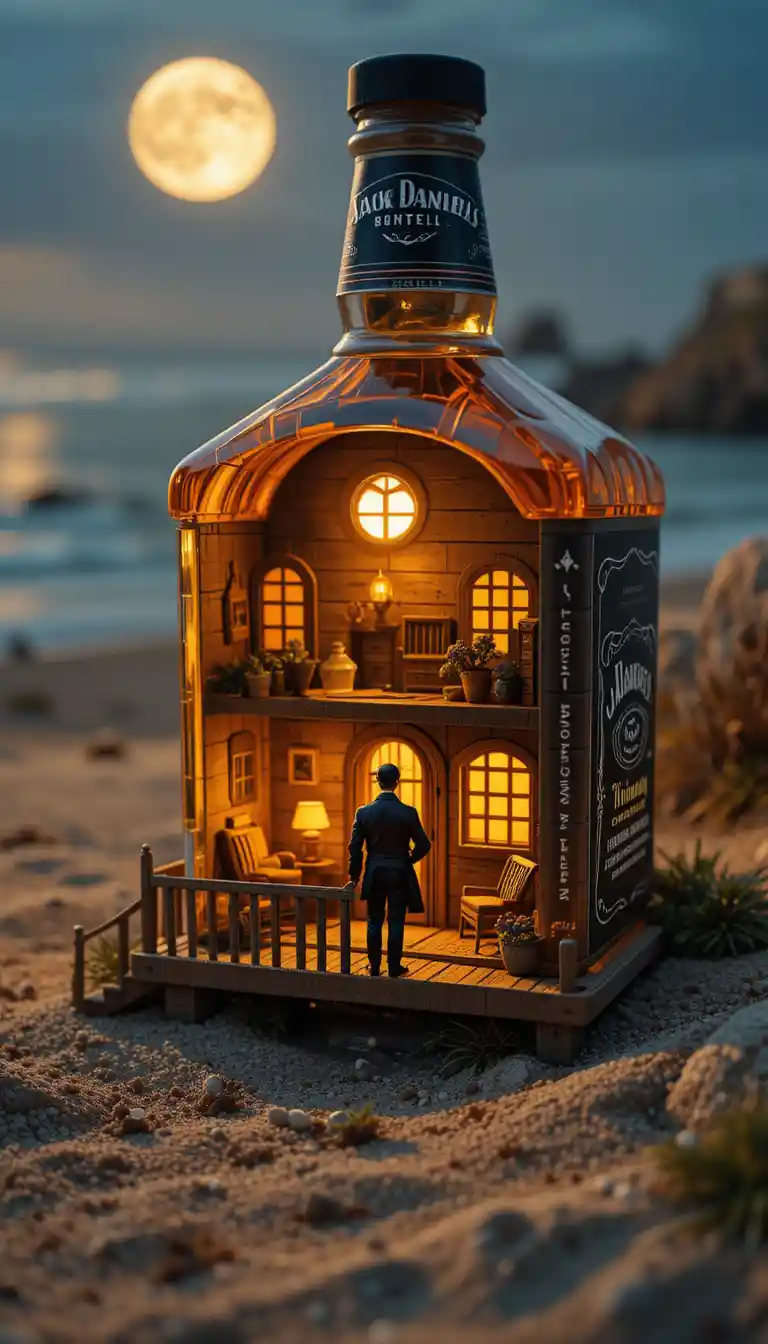 Maison-bouteille chaleureuse illuminée au bord de la mer au clair de lune