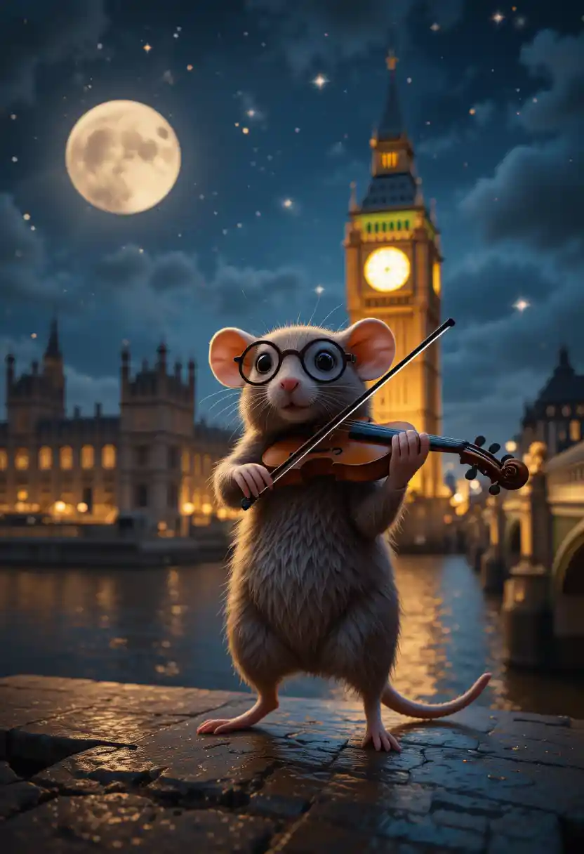 Mouse Playing Violin On Tower Bridge At Night